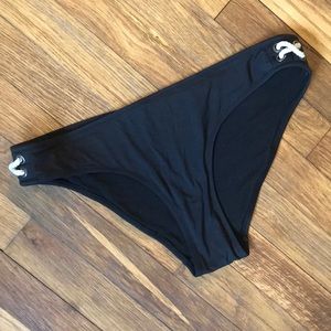 H&M black bikini bottoms, side detail, size 10
